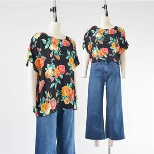 Vintage 90s Black Floral Top by Carole Little size L